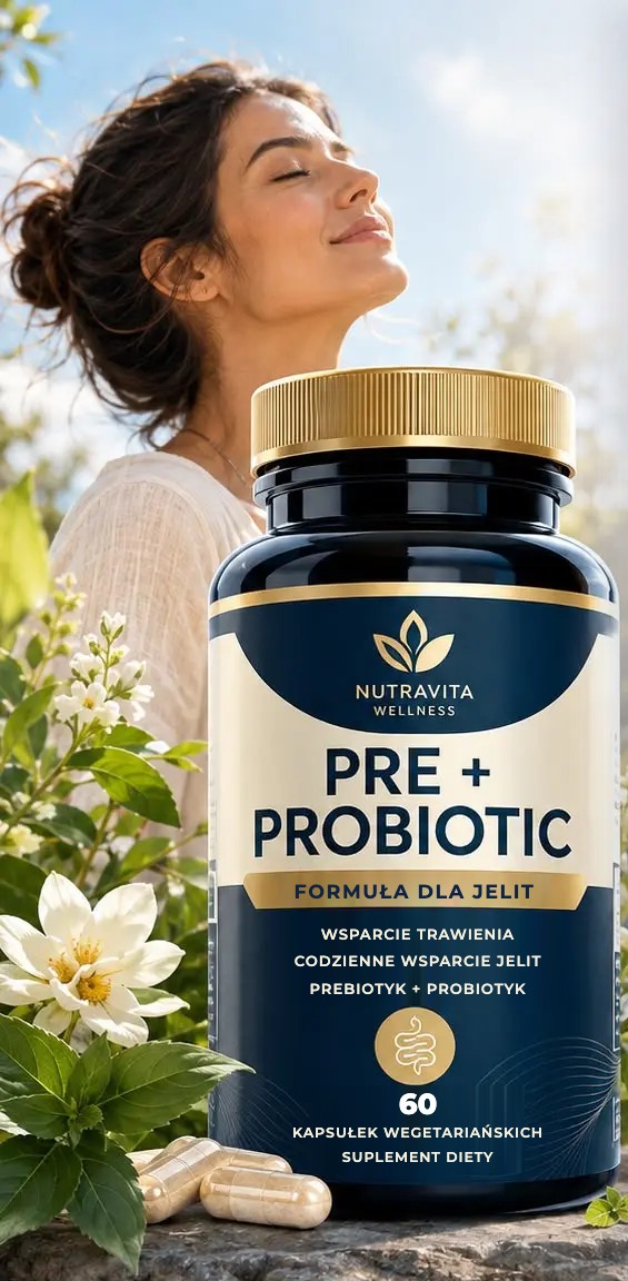 Kobieta na słońcu obok opakowania PRE + PROBIOTIC